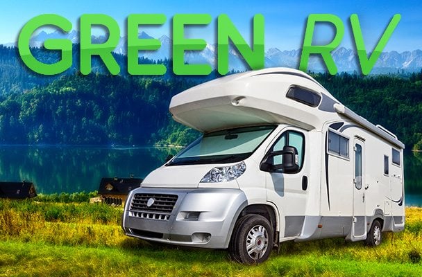 Green RV with photo of RV