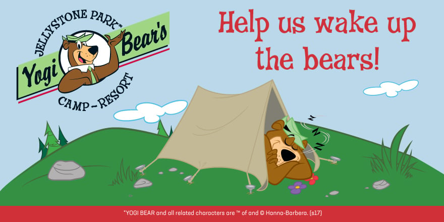 Help us wake up the bears! Yogi bear asleep in a tent