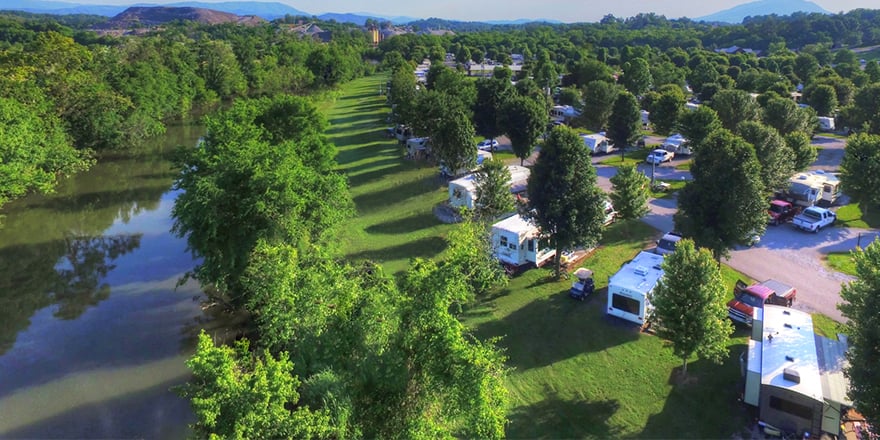 Aerial view of RVs at campground