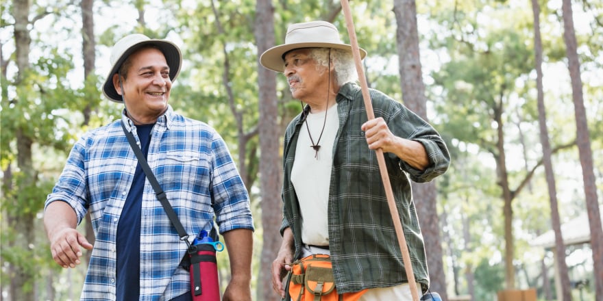 Two men hiking in woods