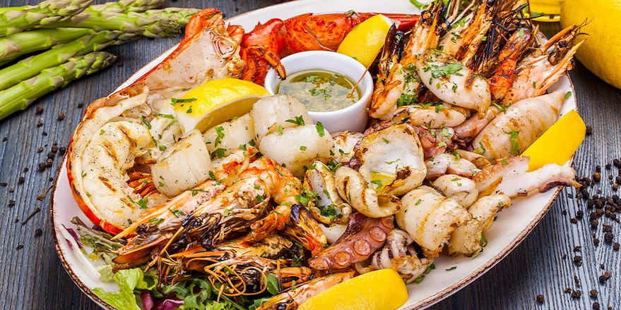 Plated seafood on table