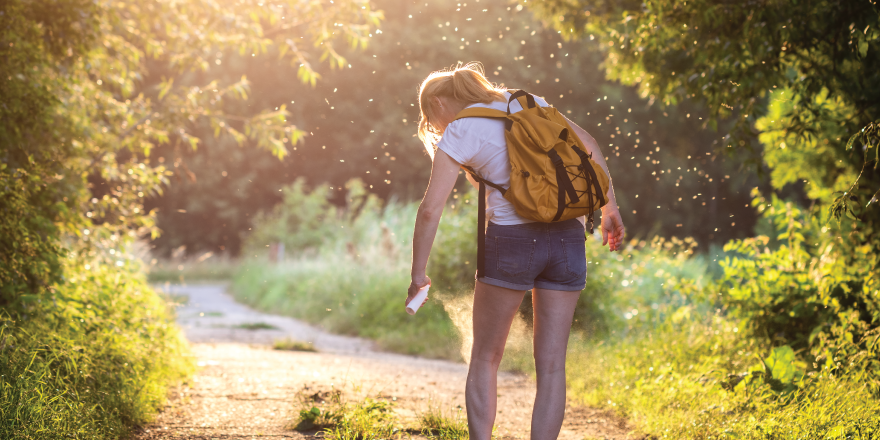 Person applying bug spay on hiking trail