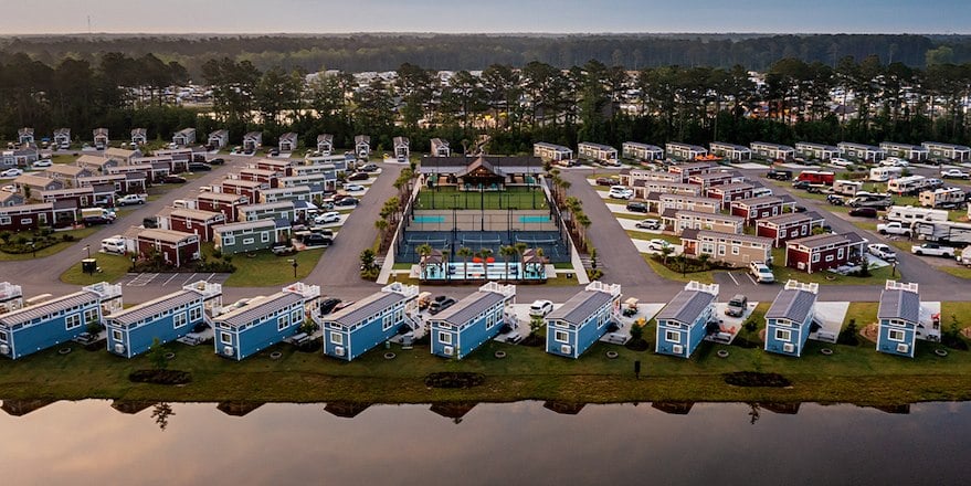 aerial view of Sun Outdoors Myrtle beach campground with vacation rentals, tennis courts and clubhouse